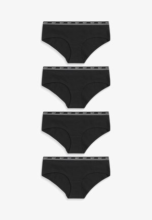 Juodos medvilninės kelnaitės su lygiu paviršiumi ir elastinga juosta, dekoruota baltu logotipu. Keturios poros sukrautos tvarkingai.