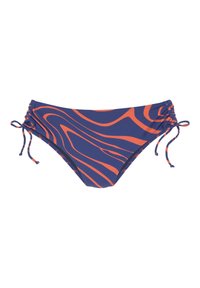 Zwem bikini onderstuk in marineblauw met draaiende oranje patronen. Beschikt over verstelbare strikken aan beide zijkanten en een soepele, rekbare stof.