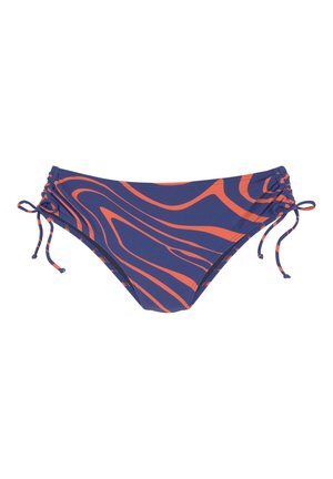 Mutanda da bagno in bikini di colore blu navy con motivi arancioni a vortice. Presenta lacci regolabili su entrambi i lati e un tessuto liscio e elastico.