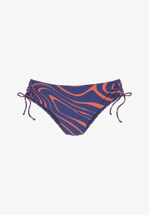 Mutanda da bagno in bikini di colore blu navy con motivi arancioni a vortice. Presenta lacci regolabili su entrambi i lati e un tessuto liscio e elastico.