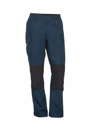 Marineblaue und schwarze Arbeitshosen mit mehreren Taschen, verstärkten Knieeinsätzen, Gürtelschlaufen und einem Knopfverschluss an der Taille.