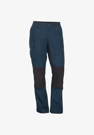 Marineblaue und schwarze Arbeitshosen mit mehreren Taschen, verstärkten Knieeinsätzen, Gürtelschlaufen und einem Knopfverschluss an der Taille.