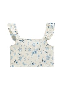 Blomster crop top i cremefarvet, med blå blomsterprint, flæser på skulderstropperne og lige kant. Fremstillet af letvægtsstof.