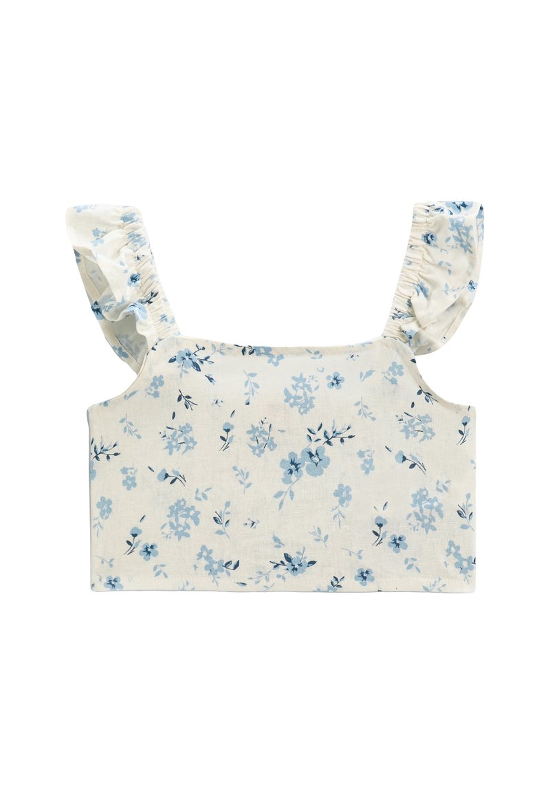 Blomster crop top i cremefarvet, med blå blomsterprint, flæser på skulderstropperne og lige kant. Fremstillet af letvægtsstof.