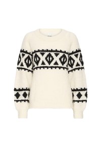 Maglione lavorato a maglia crema con motivi geometrici neri sul petto e sulle maniche, caratterizzato da un collo rotondo e maniche lunghe a palloncino.
