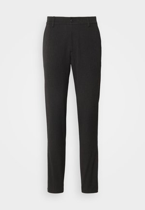 Pantalon noir sur mesure en tissu lisse et texturé. Doté d'une fermeture à bouton, de passants de ceinture et d'une coupe droite.