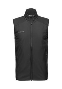 Schwarze ärmellose Weste aus leichtem, wasserdichtem Material mit hohem Kragen und zwei seitlichen Reißverschlusstaschen. "Mammut"-Logo in Weiß aufgedruckt.