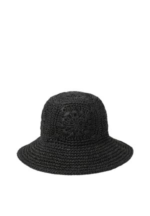 Sombrero tipo bucket negro tejido a ganchillo con ala ancha y flexible y patrón texturizado en la copa y los lados.
