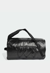 Black duffel bag made of shiny synthetic material, featuring a zippered pocket and a braided design on the front. Includes adjustable strap.