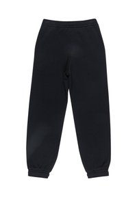 Svarta sweatpants i mjukt tyg med elastisk midja och avslutningar i mudd för en avslappnad passform. Enkelt design, inga mönster eller dekorationer.