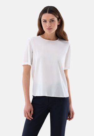 Weiße kurzärmlige Bluse mit Rundhalsausschnitt und einem glatten, leichten Stoff. Das Design zeichnet sich durch eine lockere Passform und einen geraden Saum aus.