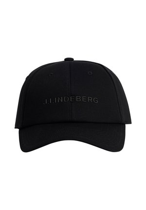 Czarna czapka bejsbolowa z zakrzywionym daszkiem i wyhaftowanym logo "J.LINDEBERG" na przednim centralnym panelu.