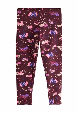 Leggings bordeaux per bambini con fantasia colorata di unicorni, arcobaleni, stelle, cuori e nuvole nei colori rosa, blu e crema.