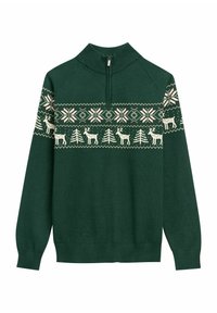 Zielony sweter na drutach z kołnierzem stójką, ozdobiony białym geometrycznym wzorem reniferów i płatków śniegu na wysokości klatki piersiowej.