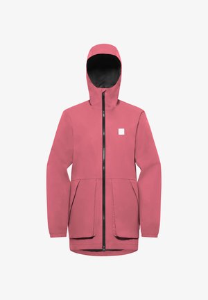 Roze regenjas met capuchon, ritssluiting aan de voorkant en twee grote voorzakken tegen een witte achtergrond.