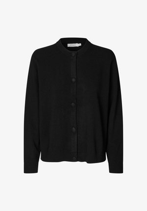 Cárdigan negro con escote redondo, botones en la parte delantera y puños de canalé. Hecho de tela suave, con un diseño simple y versátil.