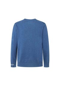 Blå långärmad tröja med rundad hals, ribbade muddarna och fållen, enkel baksida och liten vit text på vänstra ärmmudden.