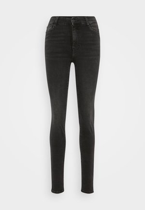 Black high-waist skinny jeans featuring a traditional five-pocket design, made of denim with slight fading and a clean hem finish.