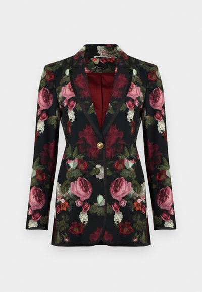 Fekete szövetből készült blézer nagyméretű rózsa- és virágmintákkal. Hegyes hajtókával, egyetlen arany gombbal és bordó béléssel.