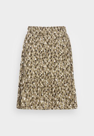 Pruun liibuv seelik, millel on kerge tekstuur ja leopardimuster musta ja valge värviga. Elastne vöökoht, põlve pikkune disain.