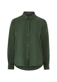 Maglietta a maniche lunghe verde scuro realizzata in tessuto leggero, con chiusura a bottoni, colletto e orlo arrotondato. Texture liscia con un leggero luccichio.