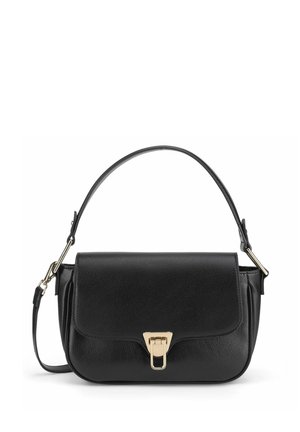 Bolso de mano de cuero negro con cierre de tono dorado, asa superior única y correa de hombro desmontable sobre fondo blanco.