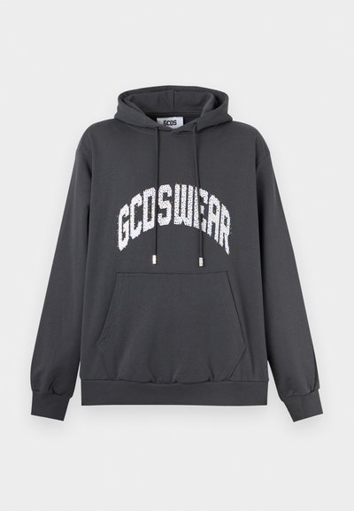 Dark gray hoodie with front kangaroo pocket, drawstrings, and white text "GCDSWEAR" arched across the chest.