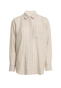 Camicia button-up beige chiaro con righe bianche verticali, maniche lunghe, colletto a punta e una tasca sul lato sinistro del petto.