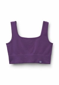 Lila sport-bh med fyrkantig halsringning, breda band och ribbad textur. Har en logotypetikett på nedersta vänstra sidan.