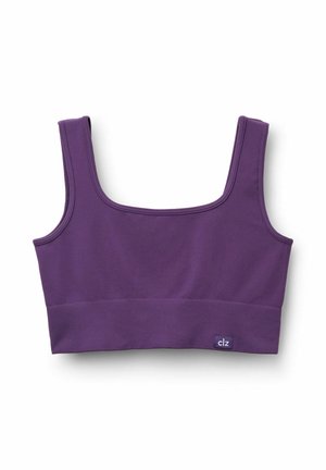 Purple sports bra with a square neckline, wide straps, and ribbed texture. Features a logo tag on the bottom left.