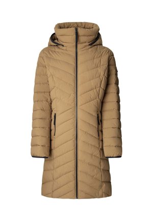 Manteau rembourré kaki avec un col haut, fermeture éclair à l'avant et deux poches latérales zippées. Design en chevrons matelassé et capuche réglable.