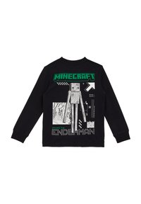 Fekete, hosszú ujjú póló, zöld "Minecraft" felirattal és az Enderman karakter grafikai ábrázolásával, pixelizált díszítésekkel és mintákkal.