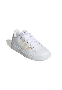White sneakers with a smooth synthetic upper, featuring three iridescent stripes, round toe, lace-up design, and rubber outsole.