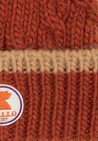 Knitted beanie in dark orange yarn with a tan band. Features a circular logo with an animal silhouette and text at the front.