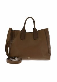 Sac à main en cuir marron avec deux poignées supérieures et une bandoulière amovible. Présente des perforations sur les côtés et un discret accent de logo.