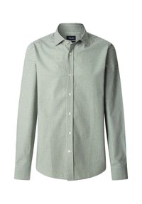 Camicia a maniche lunghe a quadri verde e bianca con colletto a bottoni e orlo dritto, caratterizzata da piccoli bottoni bianchi e una trama di tessuto liscia.