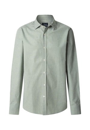 Camicia a maniche lunghe a quadri verde e bianca con colletto a bottoni e orlo dritto, caratterizzata da piccoli bottoni bianchi e una trama di tessuto liscia.