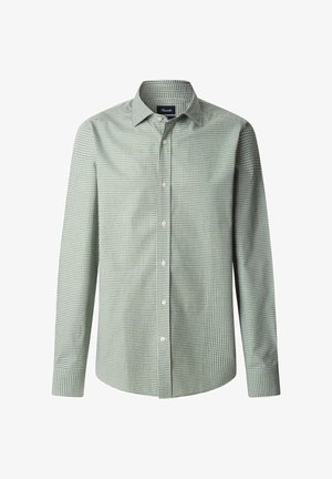 Zielono-biały w kratkę długi rękaw koszula z kołnierzykiem zapinanym na guziki oraz prostym wykończeniem, z małymi białymi guzikami i gładką fakturą materiału.