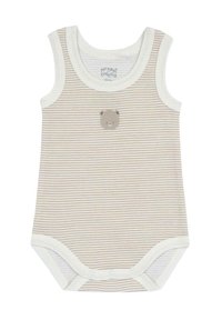 Pruhovaný béžový a krémový kojenecký overal bez rukávů s kulatým výstřihem a aplikací obličeje medvěda na přední straně. Zapínání na patentky ve spodní části.