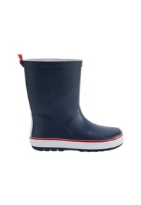 Botte de pluie en caoutchouc bleu marine avec une surface lisse, semelle blanche et bande rouge accent. Dispose d'une languette pour un enfilage facile.