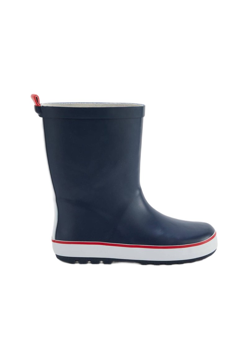 Botte de pluie en caoutchouc bleu marine avec une surface lisse, semelle blanche et bande rouge accent. Dispose d'une languette pour un enfilage facile.