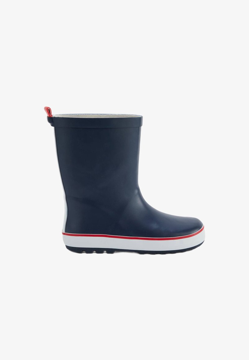 Botte de pluie en caoutchouc bleu marine avec une surface lisse, semelle blanche et bande rouge accent. Dispose d'une languette pour un enfilage facile.