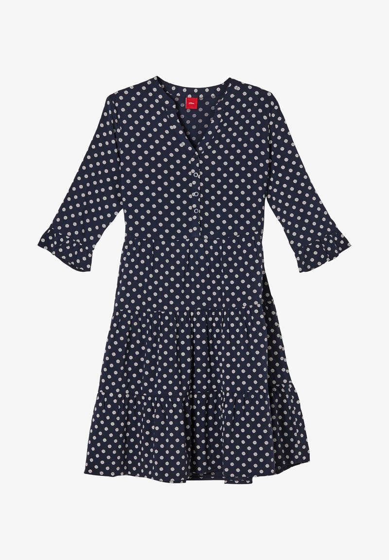 Robe bleu marine longueur genou avec motif floral circulaire blanc, col en V, boutonnée devant, manches évasées jusqu’au coude et jupe à volants.