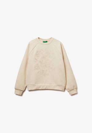Sweatshirt couleur crème avec un motif floral texturé à l'avant, des poignets et un ourlet côtelés. Fabriqué en tissu doux et léger.