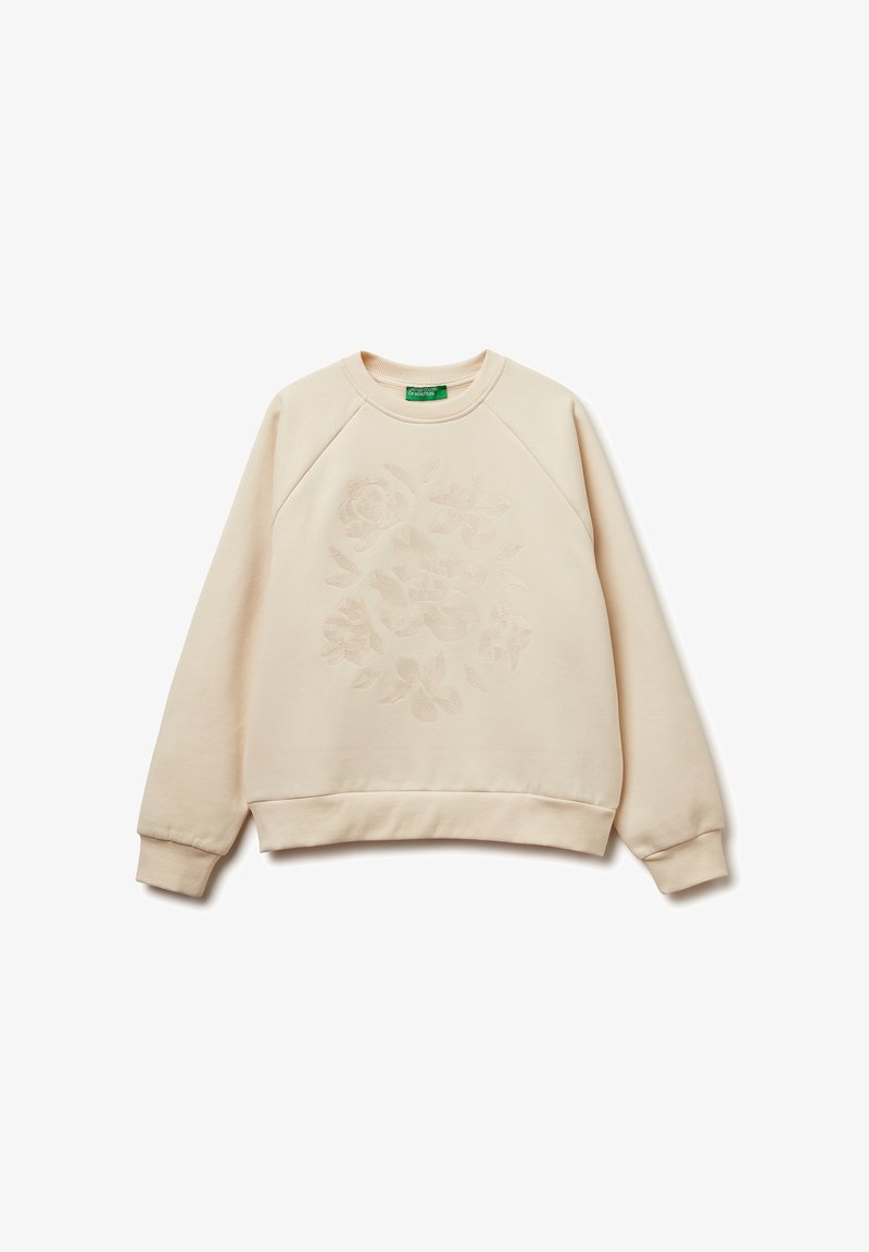 Krémová mikina s texturovaným květinovým vzorem na přední straně, žebrovanými manžetami a lemem. Vyrobena z měkké, lehké tkaniny.