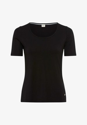 Sort kortærmet t-shirt med rund hals, blødt stof, slim fit og et lille logo-akcent på den nederste side. Glat tekstur.