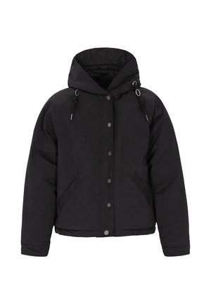Zwarte gewatteerde jas met een capuchon, drukknopen, zijzakken en trekkoorden. Gladde stof met een matte afwerking.