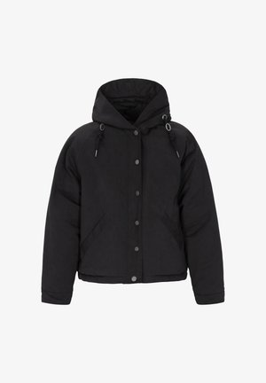 Czarna pikowana kurtka z kapturem, zapięciem na napy, kieszeniami bocznymi oraz akcentami w postaci sznurka. Gładki materiał o matowym wykończeniu.