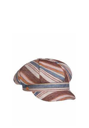 Striped fabric newsboy cap with soft crown and curved brim in muted tones of brown, blue, orange, and pink, featuring a small round metal button.