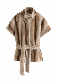 Faux fur wrap in light brown with dark stripes, featuring a high collar and a belted waist. Soft texture and kimono-style sleeves.